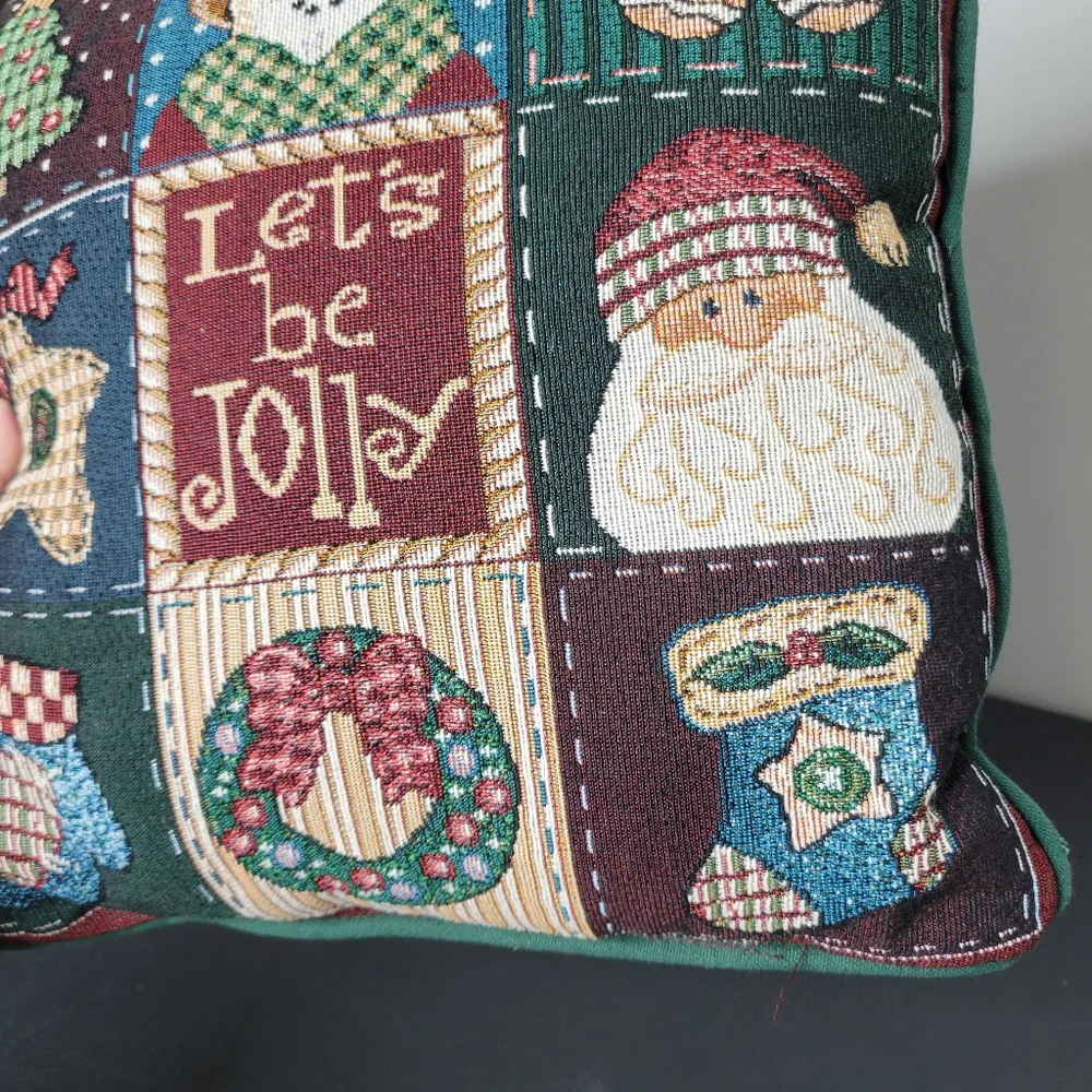 Vtg Tapestry Festive Holiday Pillow with Snowman and Santa Design